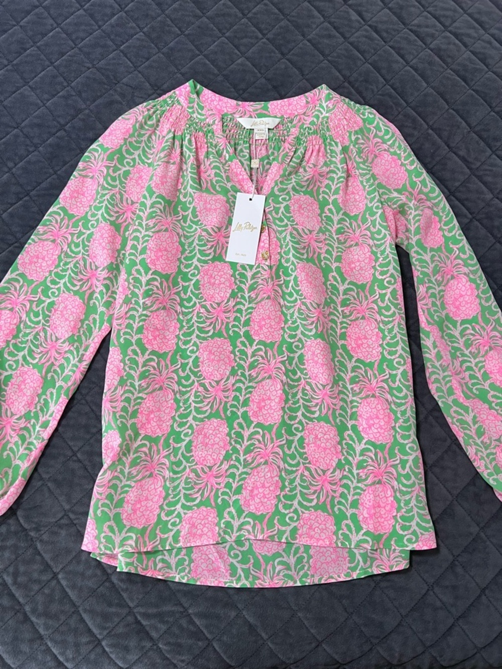 Lilly Pulitzer Elsa Silk Top Women’s XXS Fauna Green Party Like A Pineapple B23